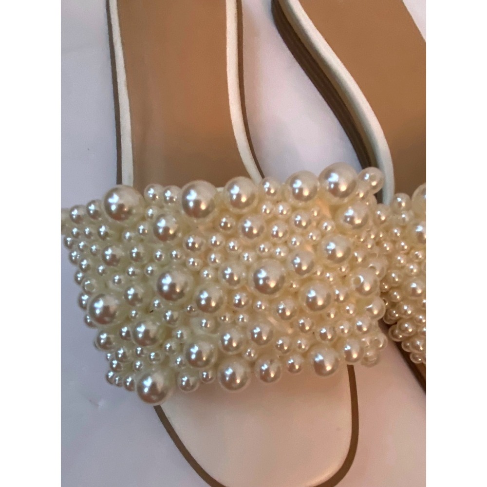 A New Day Pearl Embellished Slide Sandals White Tan Flat Square Toe Sz 10 - Picture 2 of 7